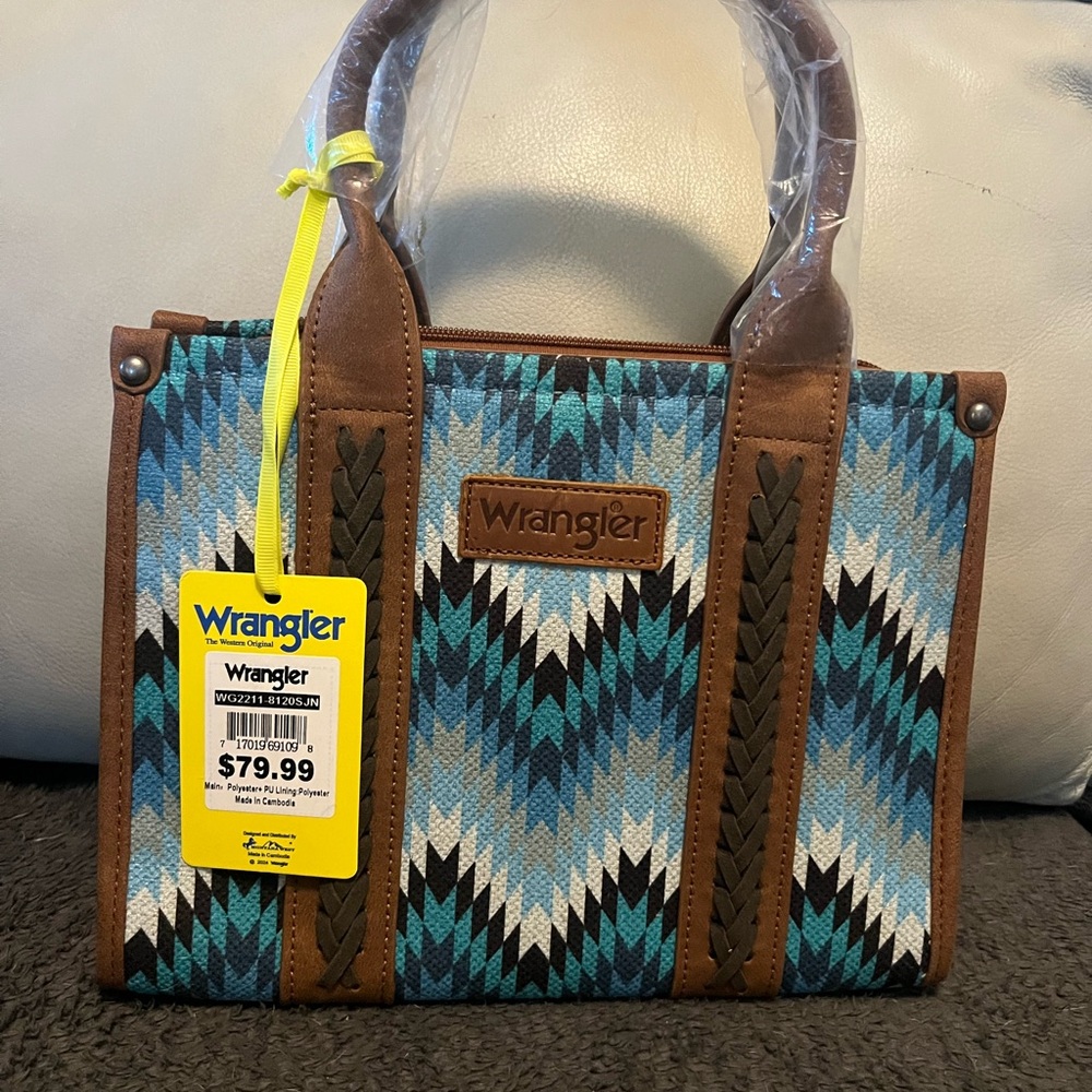 Wrangler Geometric Blue and Brown Tote with Crossbody Strap